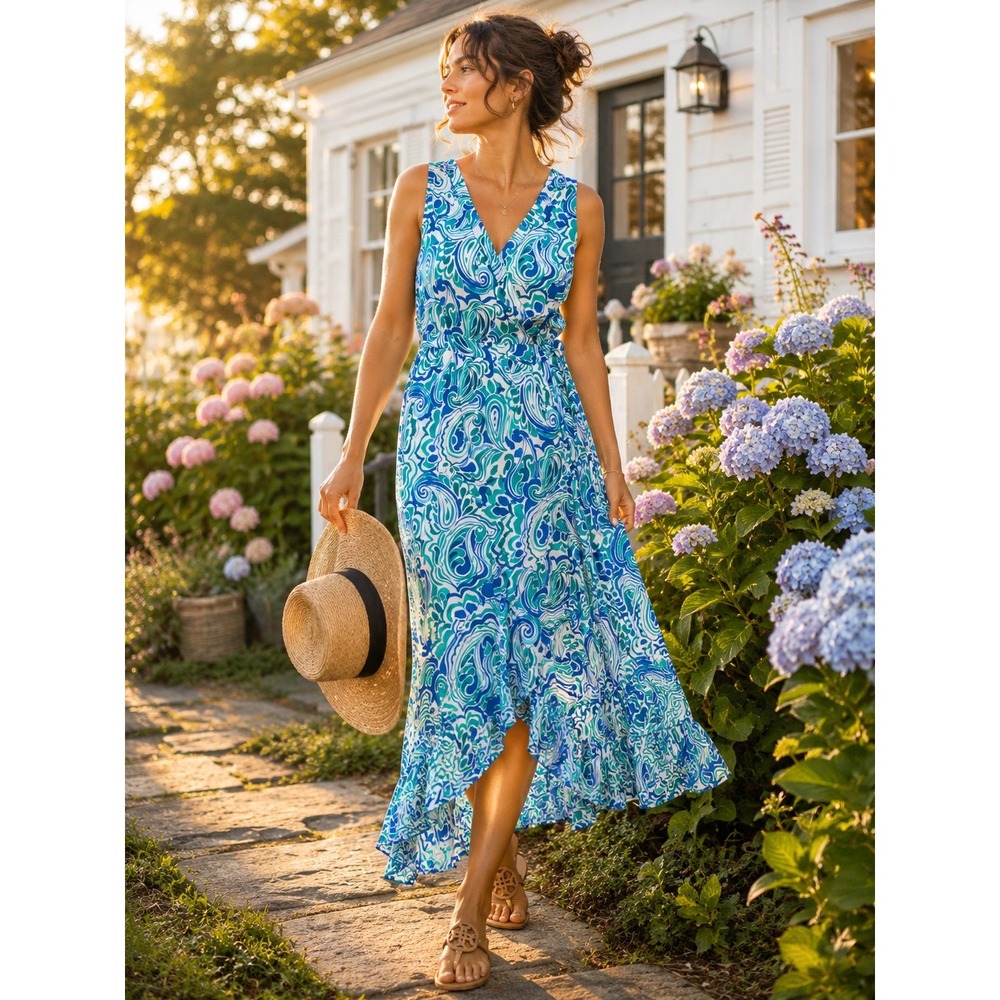 VENUS Cotton Blue Teal‎ Paisley Lined Wrap Midi Dress Sleeveless Ruffle Hem 4